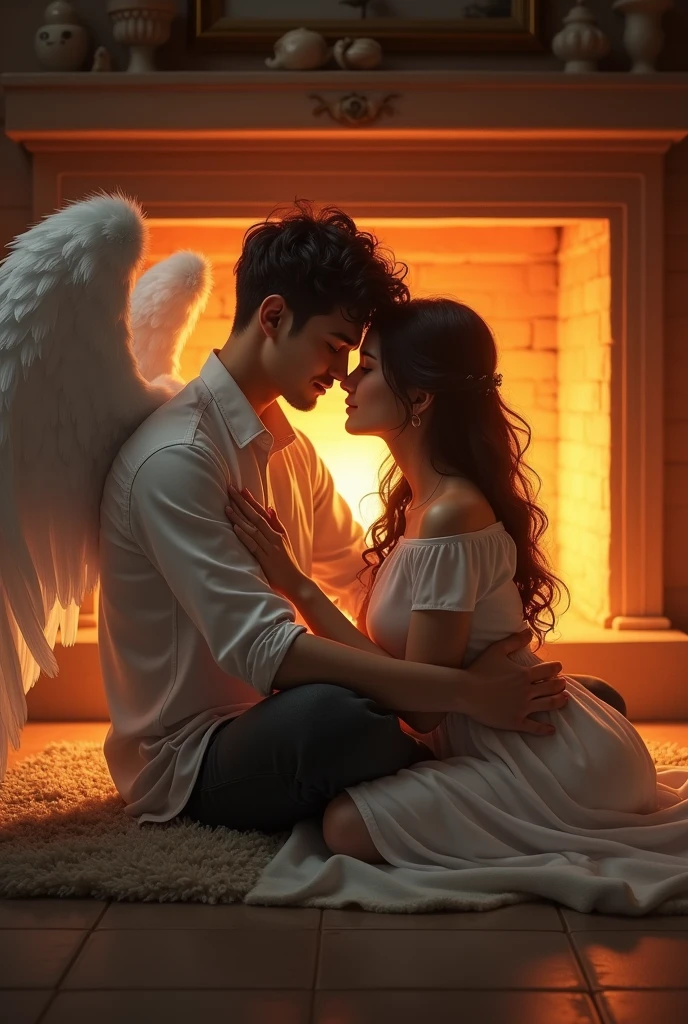 A guy and a girl are sitting near the fireplace hugging each other, and the guy has white wings