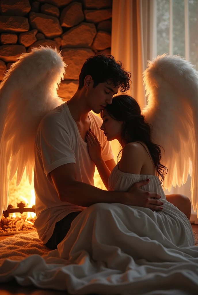A guy and a girl are sitting near the fireplace hugging each other, and the guy has white wings 