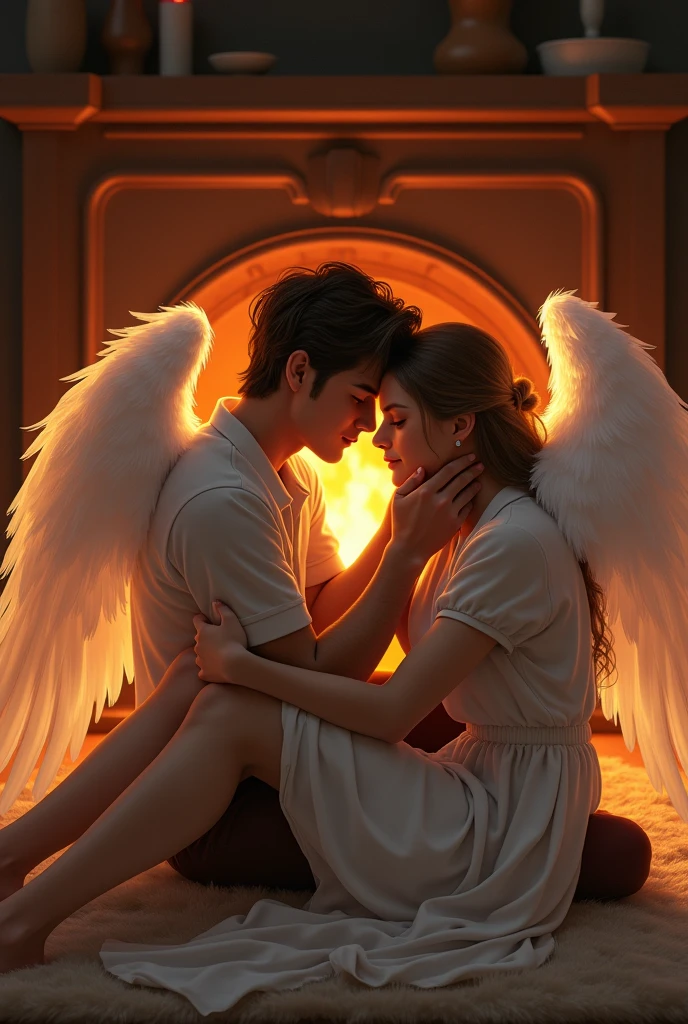 A guy and a girl are sitting near the fireplace hugging each other, and the guy has white wings
