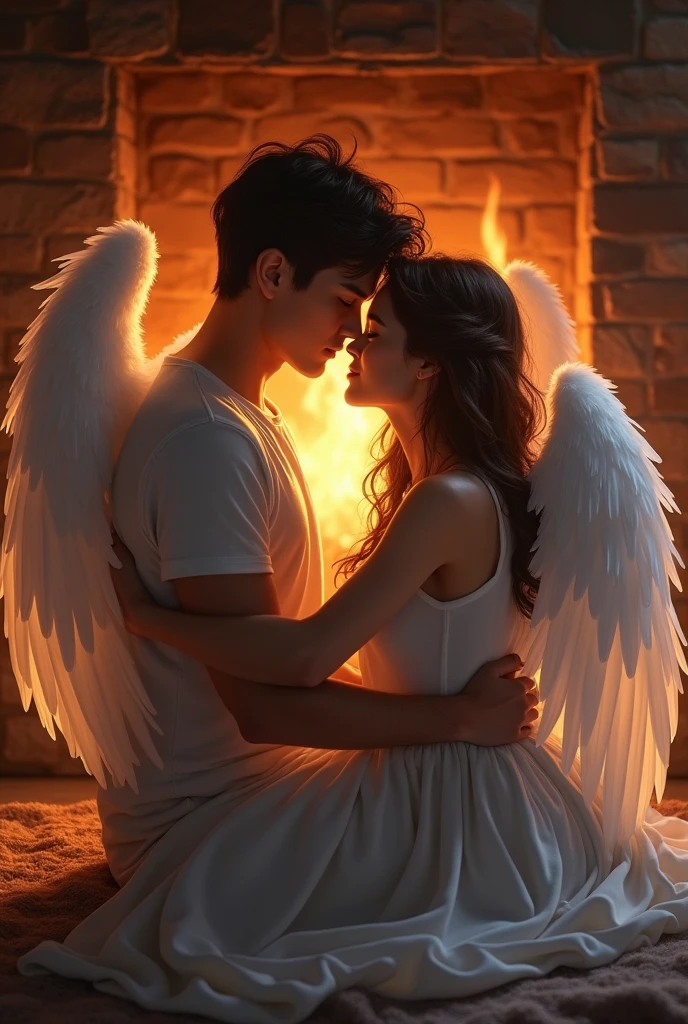A guy and a girl are sitting near the fireplace hugging each other, and the guy has white wings