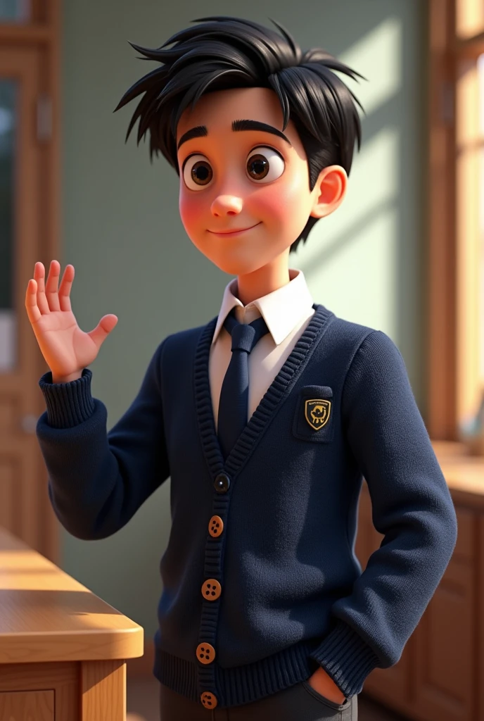 GENERATE A STUDENT pixar open sweater with buttons DARK BLUE, DARK BLUE TIE AND WHITE SHIRT WITHOUT JACKET showing something with his hand