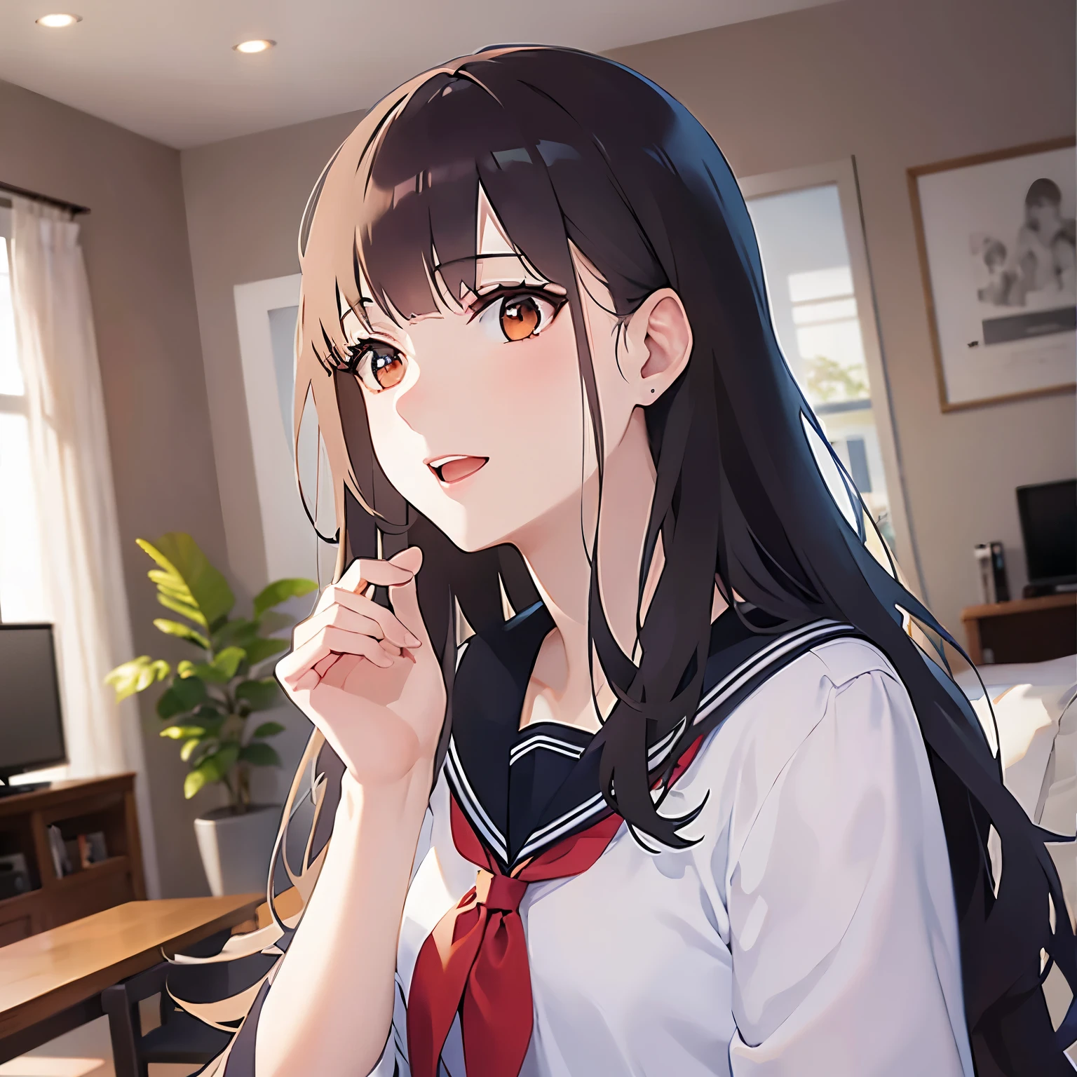 (looking away:1.5)Upper Body, Side shot、
 Realistic, real person, (pale skin: 1.2), RAW photo, photorealistic, shiny skin, shiny hair、
(A 20-year-old woman with medium-length hair and bangs) and (wavy hair) and (brown hair) and (orange eyes),
Sailor suit、
smile,open mouth,The background is the living room、（alone:1.5）