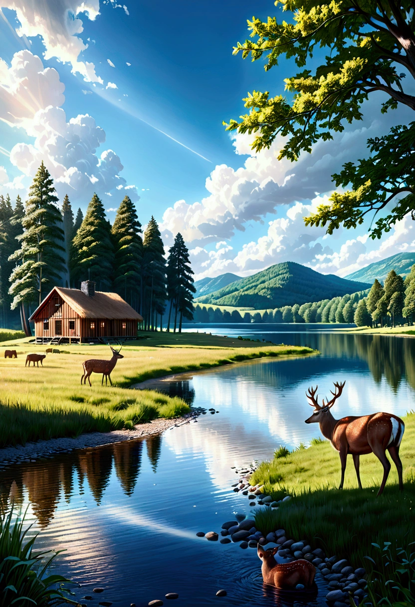 A vast, lush wild grassland, rolling hills, towering trees, sunlight filtering through the leaves, beautiful detailed clouds in the sky, a serene lake reflecting the landscape, a herd of deer grazing peacefully, a wooden cabin nestled in the distance, (best quality,4k,8k,highres,masterpiece:1.2),ultra-detailed,(realistic,photorealistic,photo-realistic:1.37),highly detailed landscape, natural lighting, vivid colors, cinematic composition