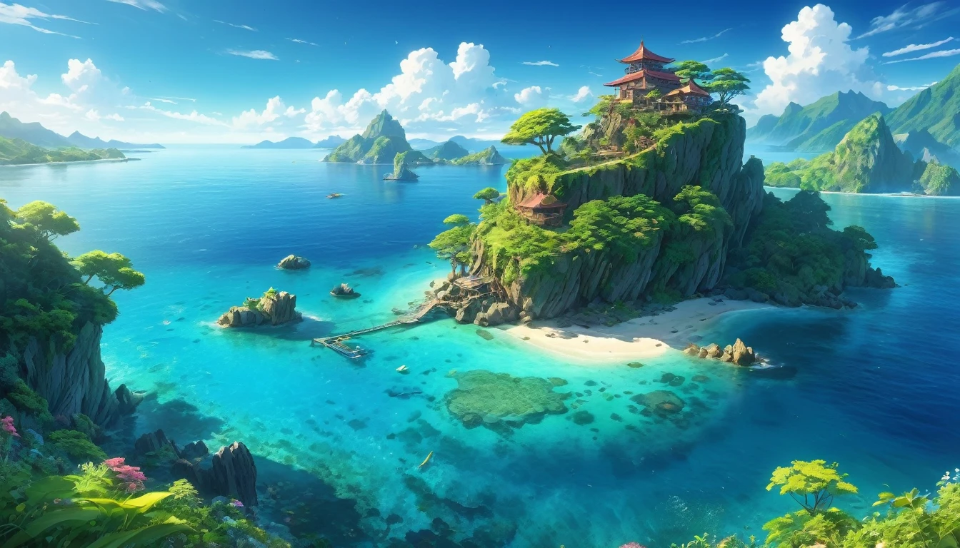 (anime, fantasy, island),(best quality, highres, HDR:1.2),vibrant colors,calm atmosphere,uninhabited island in the middle of the ocean,fantasy land,wierd vegetation,undiscovered,ethereal light,fantastical landscapes, detailed landscape