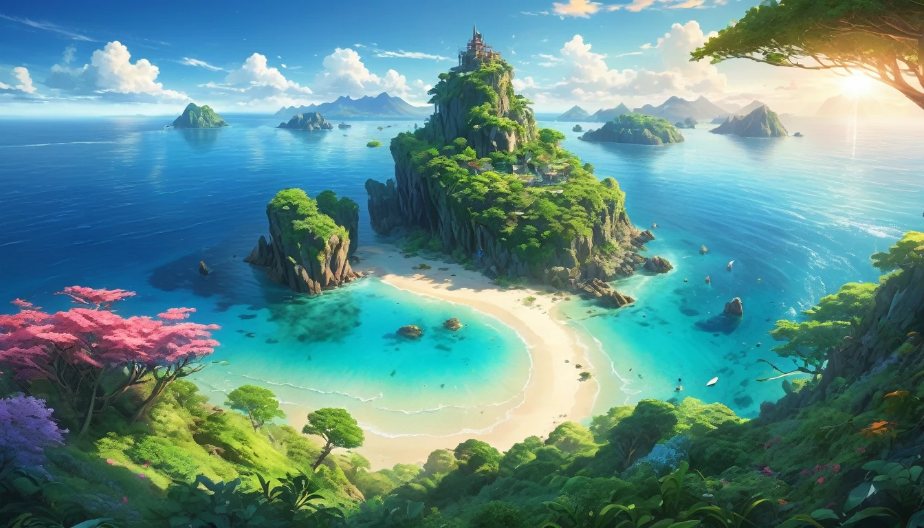 (anime, fantasy, island),(best quality, highres, HDR:1.2),vibrant colors,calm atmosphere,uninhabited island in the middle of the ocean,fantasy land,wierd vegetation,undiscovered,ethereal light,fantastical landscapes, detailed landscape