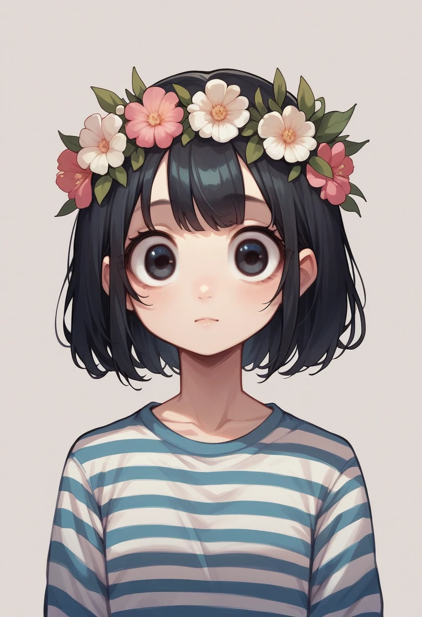 girl, cartoon, illustration, portrait, black hair, flower crown, striped shirt, big eyes, cute