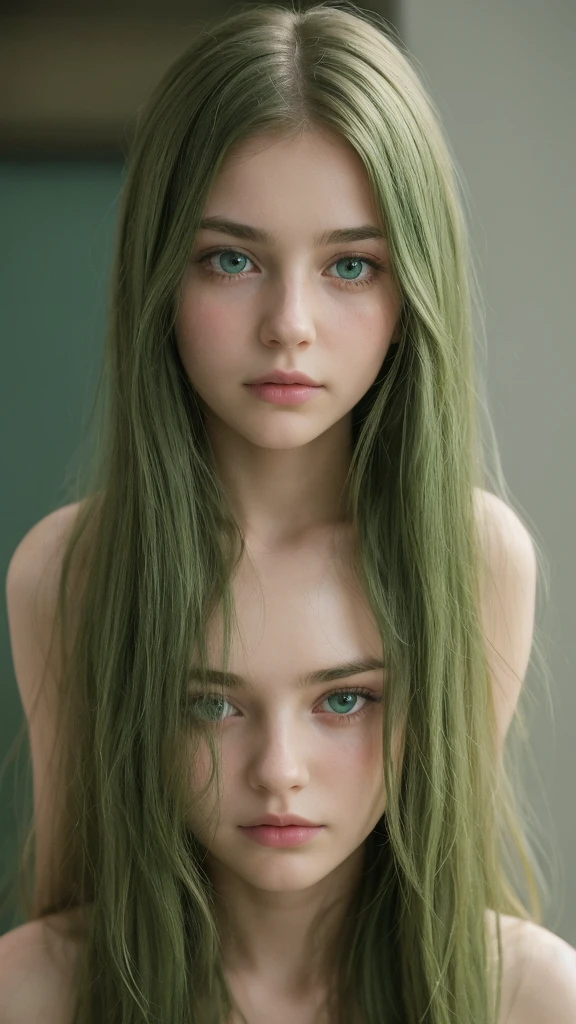 a girl. europe. feeling sad. oval face. delicate features. gentle eyes. green eyes. long straight hair. messy hair. green hair. shy. straight face