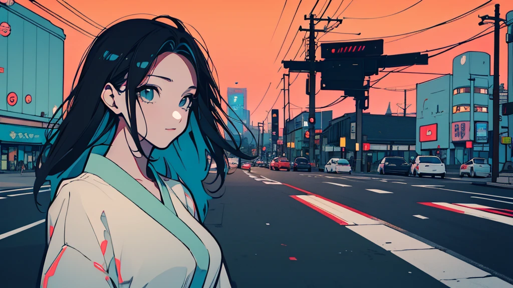 Create an illustration of a young woman in a retro anime style, reminiscent of 1980s Japanese manga.A stylized anime-style illustration of a young woman with short black hair, wearing large over-ear headphones. She is gazing thoughtfully to the side, set against the backdrop of a vibrant cityscape at dusk. The city is filled with tall buildings adorned with neon signs, and a busy street with cars is visible below. The sky is a deep teal color, transitioning into a warm orange near the horizon. The overall atmosphere is serene and slightly nostalgic, with the woman's expression reflecting a sense of calm and introspection.
