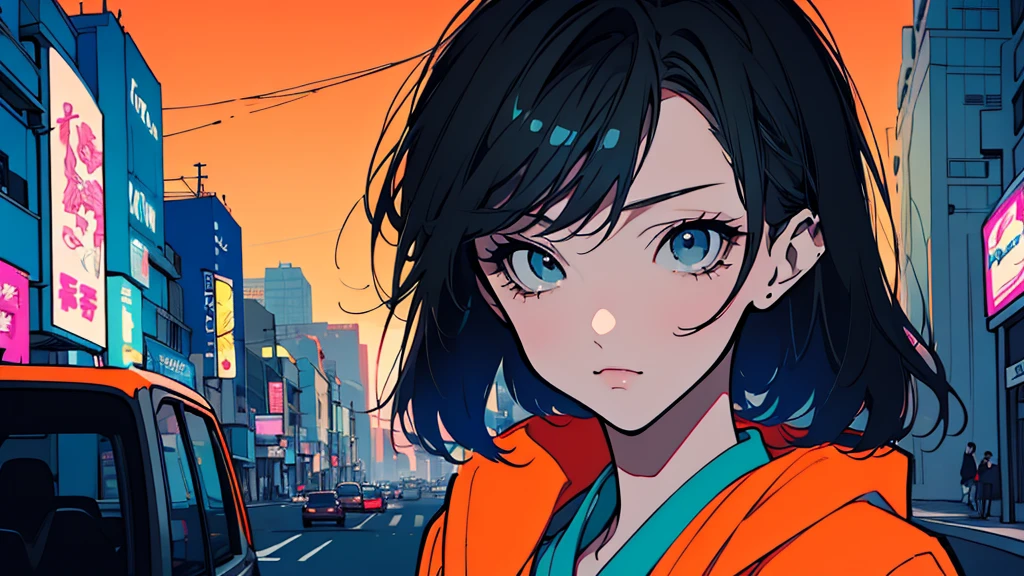 Create an illustration of a young woman in a retro anime style, reminiscent of 1980s Japanese manga.A stylized anime-style illustration of a young woman with short black hair, wearing large over-ear headphones. She is gazing thoughtfully to the side, set against the backdrop of a vibrant cityscape at dusk. The city is filled with tall buildings adorned with neon signs, and a busy street with cars is visible below. The sky is a deep teal color, transitioning into a warm orange near the horizon. The overall atmosphere is serene and slightly nostalgic, with the woman's expression reflecting a sense of calm and introspection.
