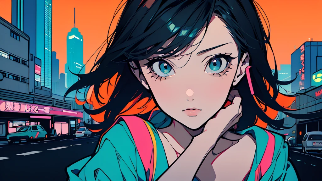 Create an illustration of a young woman in a retro anime style, reminiscent of 1980s Japanese manga.A stylized anime-style illustration of a young woman with short black hair, wearing large over-ear headphones. She is gazing thoughtfully to the side, set against the backdrop of a vibrant cityscape at dusk. The city is filled with tall buildings adorned with neon signs, and a busy street with cars is visible below. The sky is a deep teal color, transitioning into a warm orange near the horizon. The overall atmosphere is serene and slightly nostalgic, with the woman's expression reflecting a sense of calm and introspection.
