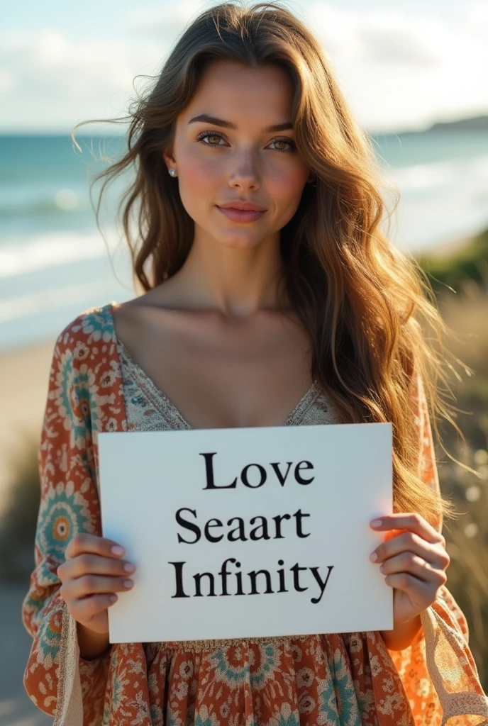 Beautiful girl with wavy long hair, bohemian dress, holding a white board with text "I Love Seaart Infinity" and showing it to the viewer