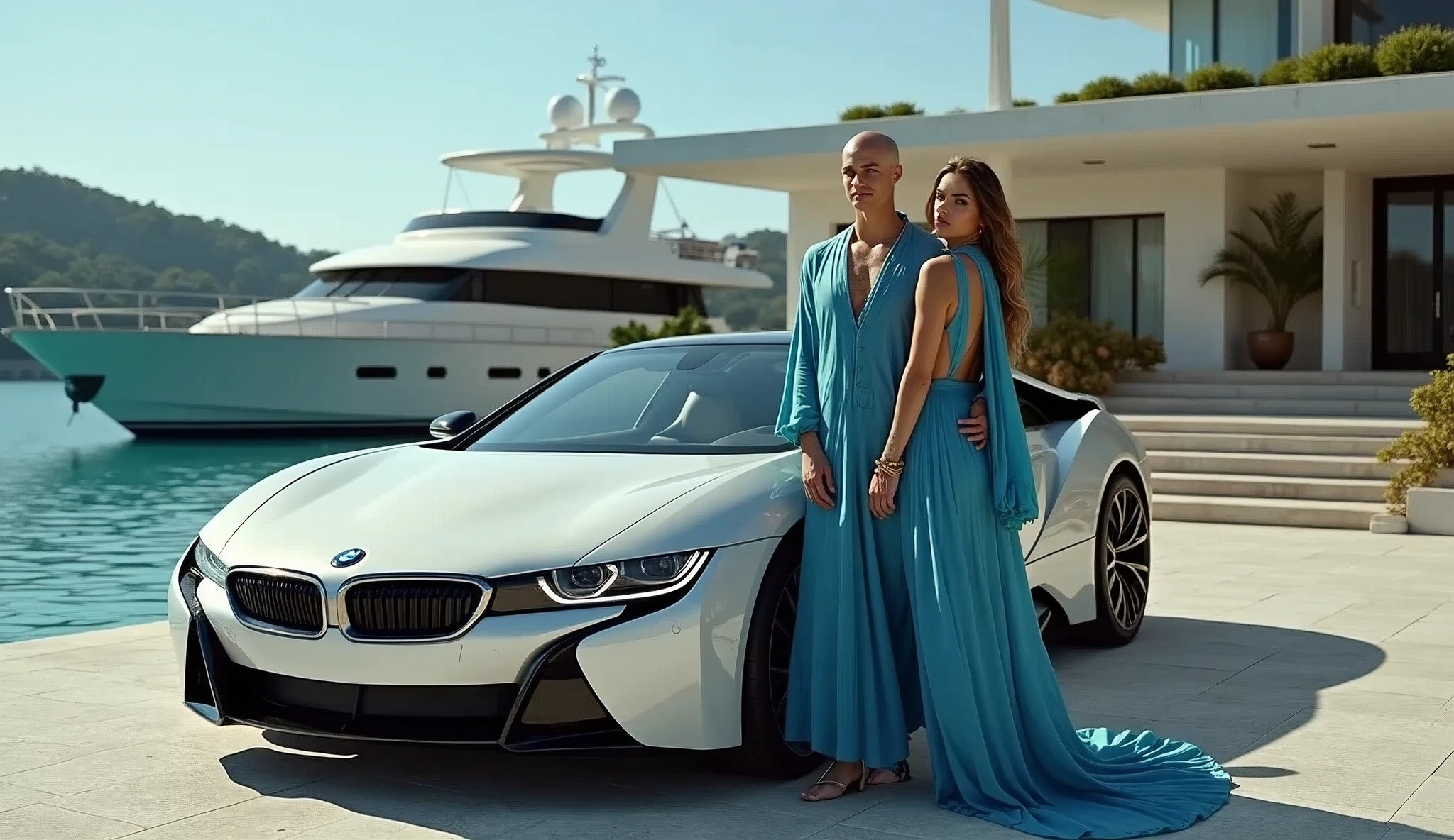 CREATE AN ULTRAREALISTIC IMAGE showing a young BALD MAGICIAN next to a yacht with luxurious sports cars, with women leaning against cars on all fours, BEAUTIFUL PARKED NEXT TO DOLLARS NEXT TO, convey depth, IN THE BACKGROUND A BEAUTIFUL MANSION with modern architecture, WITH 2 HOT ELEGANT WOMEN NEXT TO A PEARL WHITE BMW AND A HANDSOME YOUNG WIZARD IN BLUE CLOTHES AND FULL OF JEWELS, PERFECT WIZARD HANDS WITH 5 FINGERS. Emphasize richness and sensuality, show a lake next to it with yacht