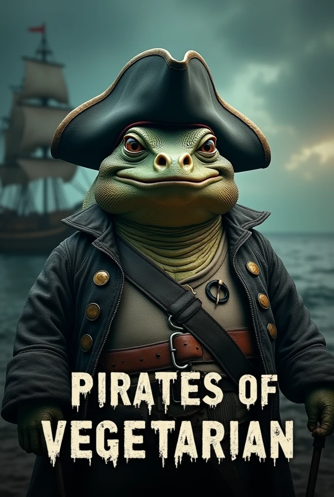 Create a cinematic poster featuring photorealistic portrait of Dressed animals - a ((fat)) iguana pirate, , wearing pirate costume and pirate hat , with a serious, intense expression, He should be slightly off-center in the composition, The background should be dark and gritty, pirate's ship with smoky or grunge textures, Use a color scheme of black, deep blues, and dark greens, with subtle silver or gold accents to capture the show's mood, At the bottom of the poster, place the text "PIRATES OF VEGETARIAN" in large, bold, distressed letters, in a sans-serif font. The text should have a cinematic style, with slight shadow or glow effects to make it stand out against the background.