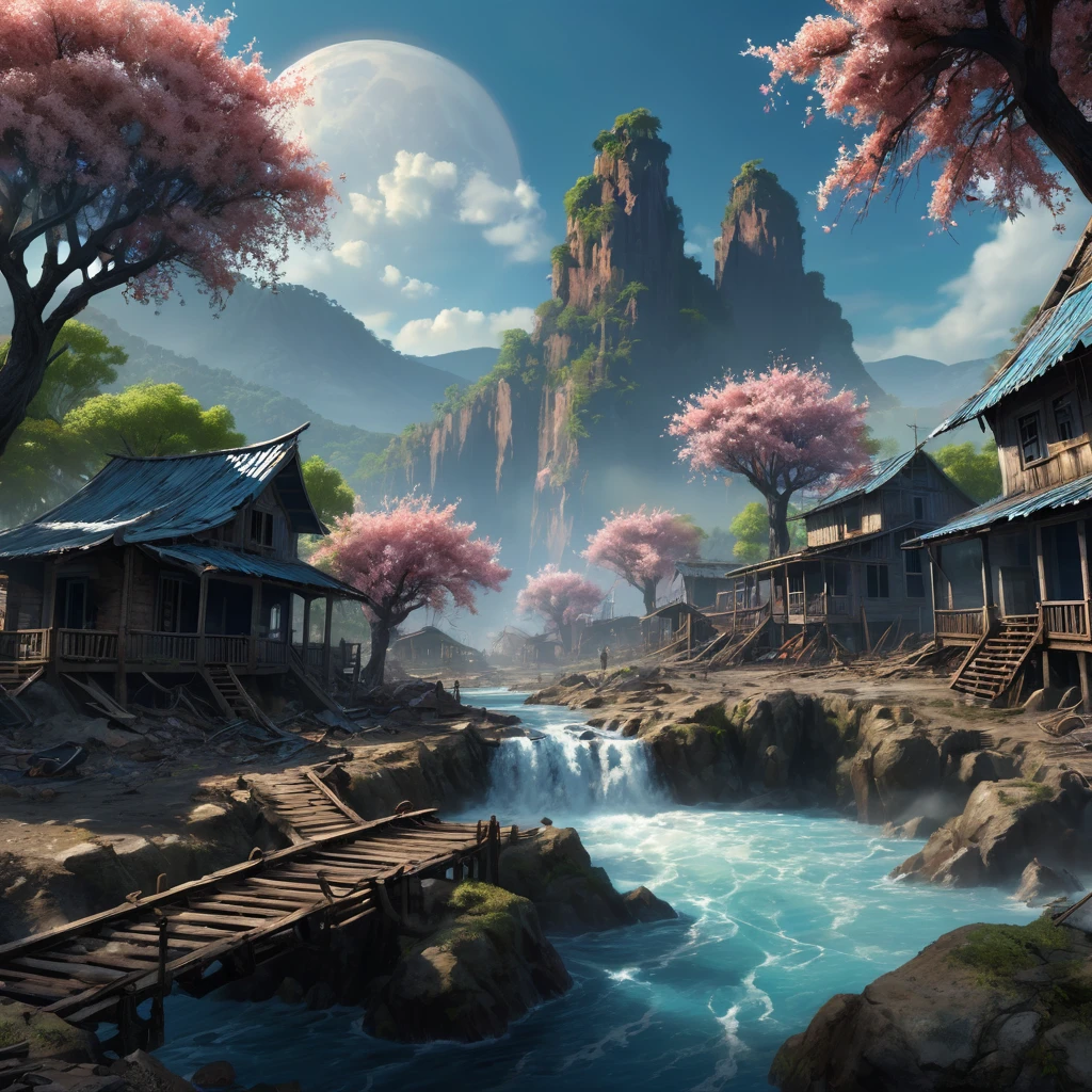 Há uma cachoeira e uma cordilheira com várias trees em primeiro plano, impressionante paisaje de fancy, an cenáRiu épico, Pintura de fancy，adorable, Paisagem de arte de fancy, most cenáRiu épico, Digital Matte Paintings 4k HD, Paisagens épicas de fancy, Arte Digital Fina 4K, paisaje épica de fancy onírica, cenáRiu épico, 4K fosco, Ross Chen. Fundo da paisajeDeserto largo, sky limpo, cenáRiu, moonligh, stele, high qualiy, anime style artwork, best qualityer, high qualiy, Extremely detailed CG 8k unity wallpaper, paisaje, open air, sky, nube, sky, sin humanos, moutain, paisaje, water, tree, blue sky, waterfall, cliff, naturey, lake, Riu , nubey skies, rewarded photography, bokeh, Depth of field, HDR, blossom, Chromatic aberration, fotorrealism, very detailled, trends on ArtStation, trends at CGSociety, intrikate, high détail, Dramatic, art in the middle of the journeyZombies tearing through crowds in the streets，Zombie virus outbreak in crowd，Chaotic and degraded streets，A crowd fleeing in panic，armageddon，Zombie games，Resident Evil，cenas realistas，Very clean，muitos detalhes
high qualiy, photorrealistic, fancy, Post-apocalyptic earth, devastated by floods and earthquakes, survivors fighting mutants, nuclear fallout, moonligh quebrando, iluminintense action, fancy style, mutants, survivors, paisaje apocalíptica, detailed textures, Earthy tones, dramatic atmosphere, dramatic lighting, Post-apocalyptic, moonligh rachada, intense action, 8k UHD resolution