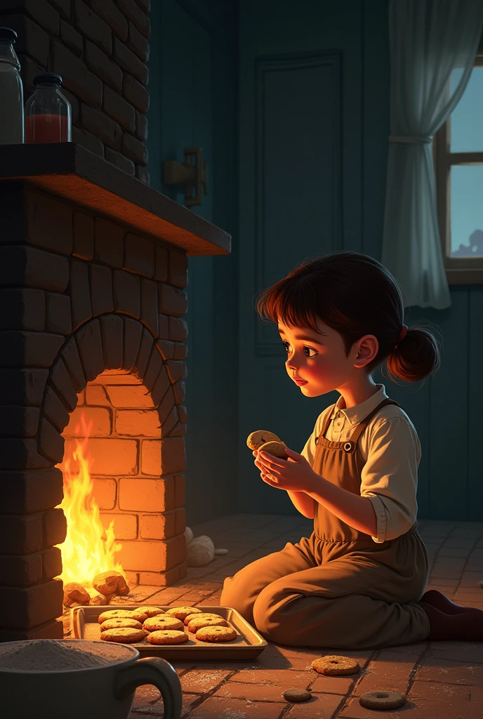 A warm and tender moment between a girl (the narrator) and his maternal grandmother. the grandmother, a strong and resilient figure, She is kneeling next to an oven chimney and next to her is a tray of cooked cookies., Late at night, She is baking cookies. The firelight softly illuminates the room, projecting warm tones on their faces. The girl, sitting next to him, He looks at his grandmother with admiration and love, holding a piece of a freshly baked cookie. In the background, You can feel the fatigue and hard work, perhaps with the faint outline of the rest of the house in the dark, indicating the late hour. The atmosphere should evoke feelings of both warmth and sadness., highlighting the grandmother's strength and hope despite the heavy burden of slavery.
This image would capture both love and resilience in the face of adversity.