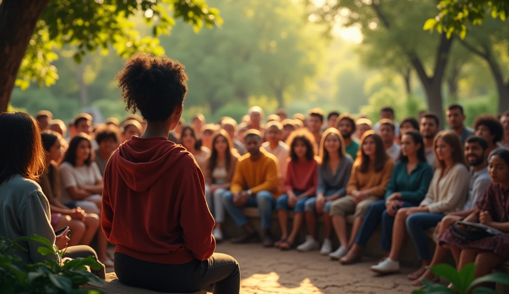 A diverse group of people in a circle, listening attentively while a speaker speaks. The colors are warm and welcoming, with expressions of curiosity and attention. The background is a natural environment, like a park.