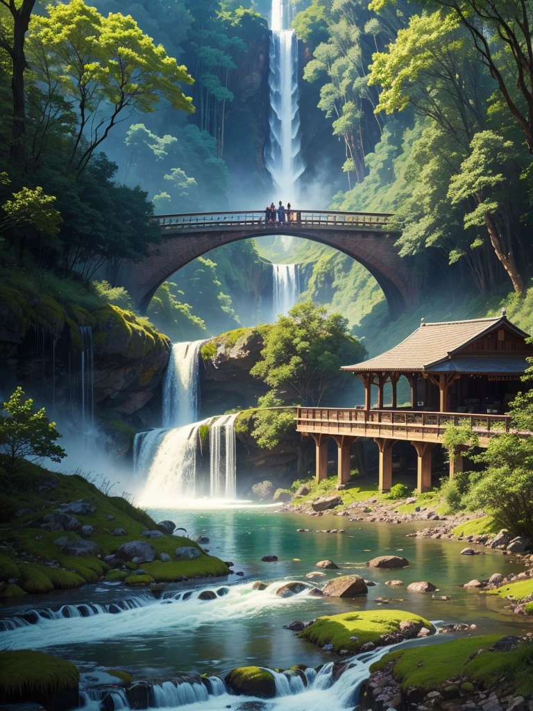 In a giant forest,masterpiece,barbecue,Super high-end ingredients,steak,barbecue台,waterfall,river,meat,Paradise,romantic,Drink,bridge,mysterious,Fantasy,perfection