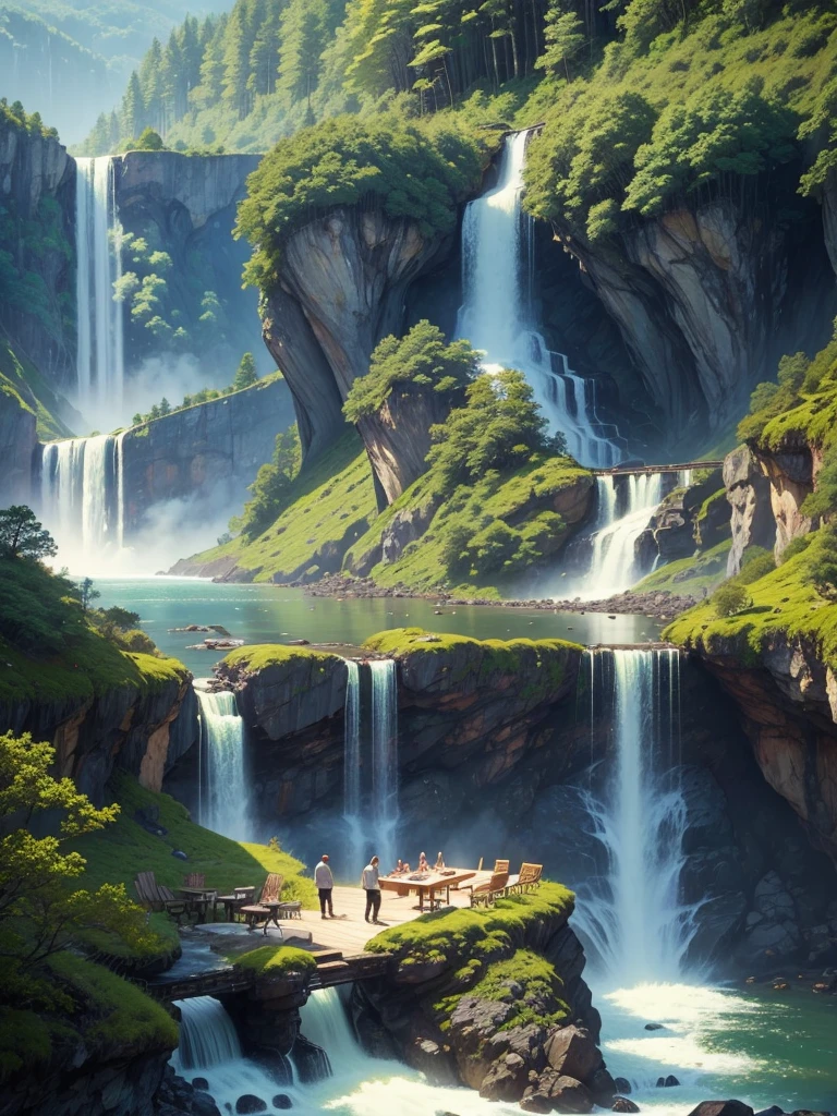 In a giant forest,masterpiece,barbecue,Super high-end ingredients,steak,barbecue台,waterfall,river,meat,Paradise,romantic,Drink,bridge,mysterious,Fantasy,perfection