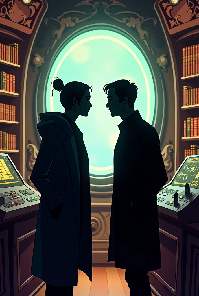 Book Coverage by Luke and Dr.. Griffin 2 people Disney style, where only the silhouettes of their face-to-face meeting in the control room of a Disney-style bookstore are seen