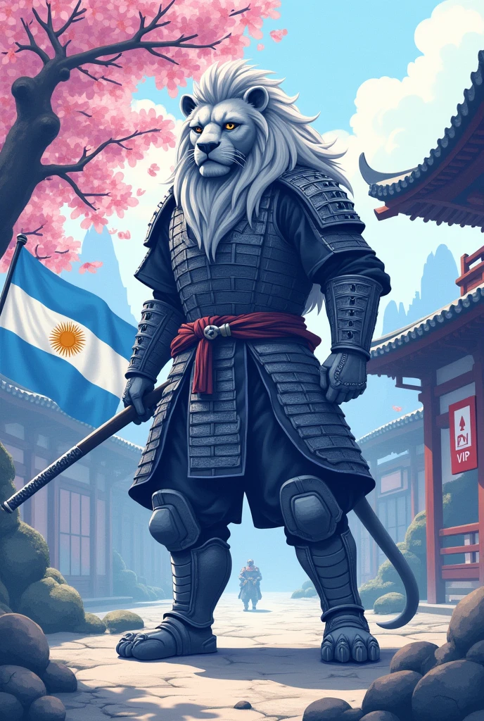 Samurai Lion in an ancient Japanese dojo, modern art, hand-drawn, gray, blue and white colors, Lion warrior, traditional Japanese architecture, cherry blossom tree in bloom, intricate samurai armor, katana sword, focused expression, dynamic pose, detailed linework, soft pastel shades of  blue, and lavender, artistic interpretation, ArtStation. Whit the big argentina flag and with a big sign that says ViP