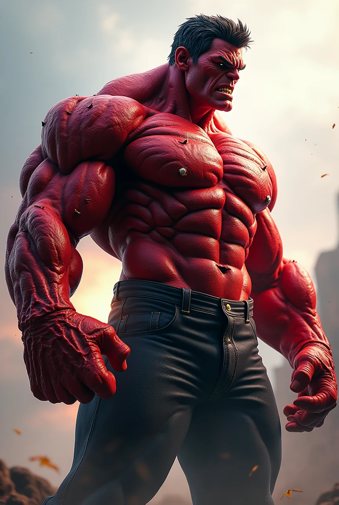 side view of full body of Red Hulk (marvel),iconic pose,pronounced muscles and jaggedskin,Photorealistic,Surrealist,Hyperrealistic,8k, ultra high res, sharp focus,highly detailed ,high-key image, high key lighting image,A simple transparent background contrasts with the subject, highlighting every detail on the subject