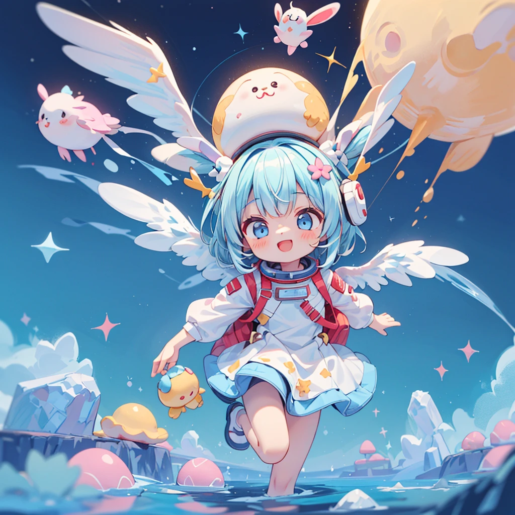 ((Very detailed)), ((Ultra-high resolution)), From above {character}(alone:1.5), One Girl, Jumping on the moon, , cute, cute, Grateful smile, Happy, Jumping, Holds large 🍡, astronaut, Spacesuit, The beautiful earth shines on your back, Crystal Sparkle, Aurora in the night sky
{Hairstyle} Long Hair, (Light blue hair:1.2), 水色のrabbitの耳, Fluffy hair in the ears, (Ultra Detail White Wings:1.4), rabbit, 🍡, extended 🍡, heart,