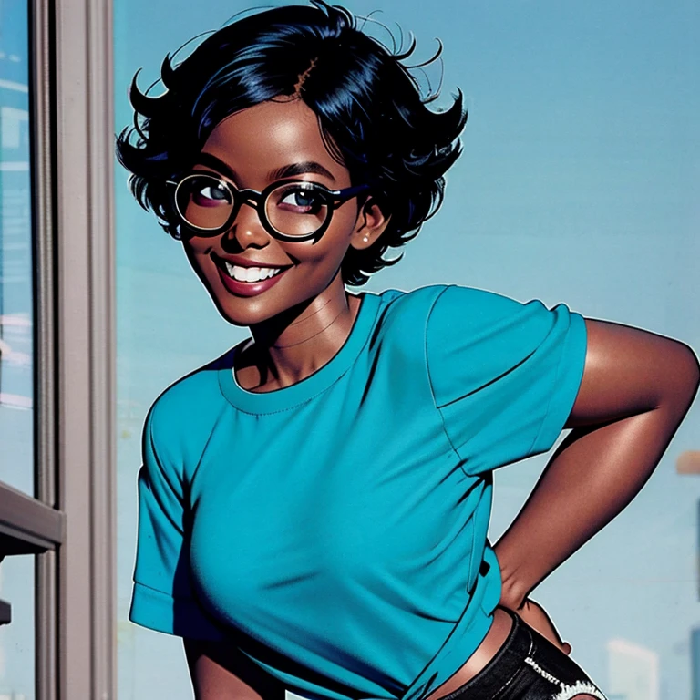 1 girl, round glasses, big eyeglasses, smiling, looking at the camera, short messy hair, darkskin, rounded eyes, cyan blue shirt, Black shorts, close up, magazine photo, dynamic pose