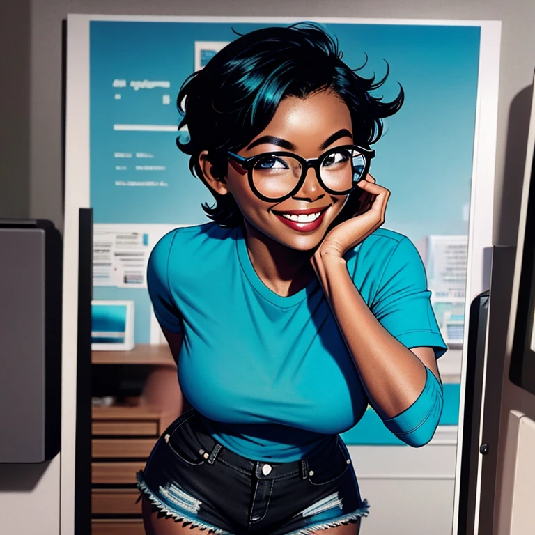 1 girl, round glasses, big eyeglasses, smiling, looking at the camera, short messy hair, darkskin, rounded eyes, cyan blue shirt, Black shorts, close up, magazine photo, dynamic pose