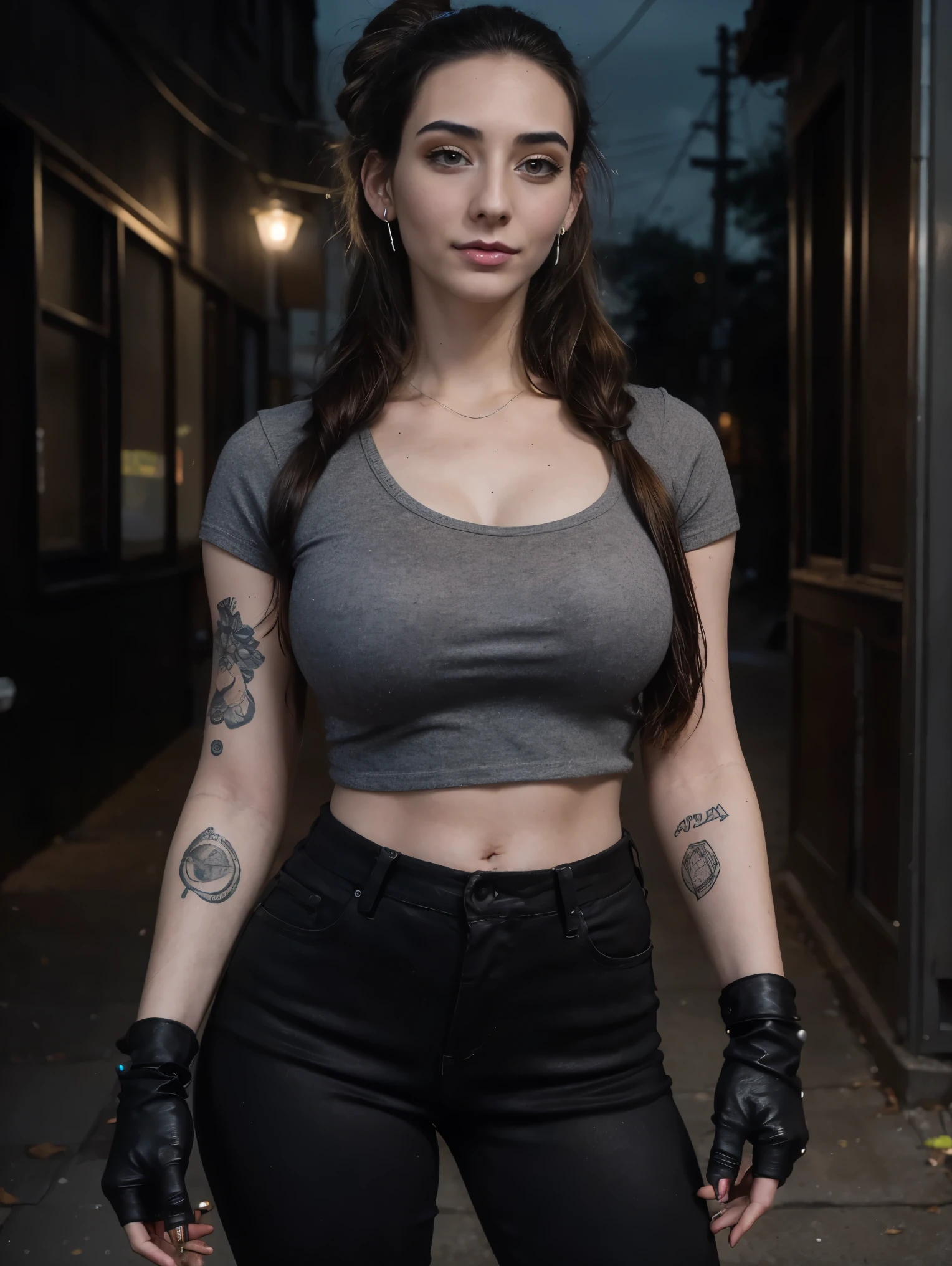 Extremely busty thin and toned brunette death metal girl, strung out, sleepy, stoned, fair skin, big hair, huge ponytail, hair pulled back, soft face, athletic, heavy makeup, piercings, grey t-shirt, grey tee shirt, studs, black pants, boots, fingerless gloves. black butterfly tattoos. standing in a dark alley at night. Outdoors, exterior, Nighttime. neon lights. (detailed background.) huge breasts. Grim. sly, bitter, evil, mean, angry.