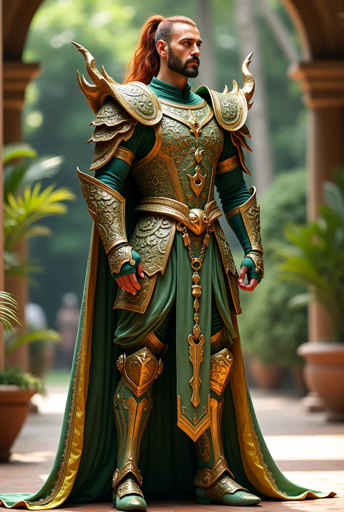 ais-trollz, ultra detailed, masterpiece, A tall, strong man with a copper ponytail wearing chartreuse dragon-themed armor with gold detailing. , in a patio