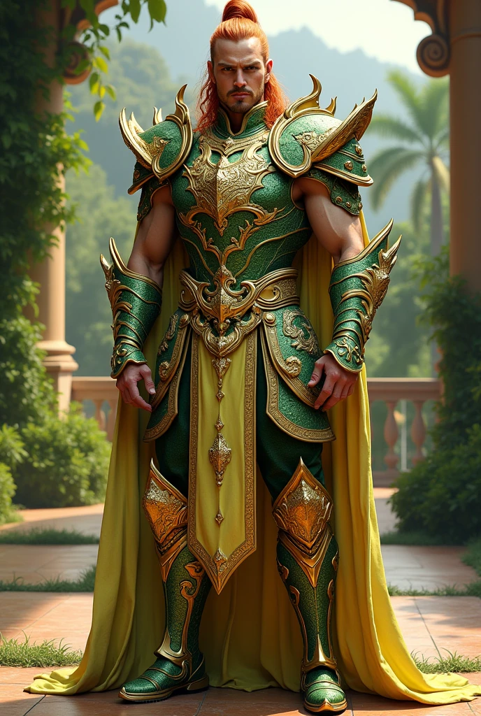 ais-trollz, ultra detailed, masterpiece, A tall, strong man with a copper ponytail wearing chartreuse dragon-themed armor with gold detailing. , in a patio