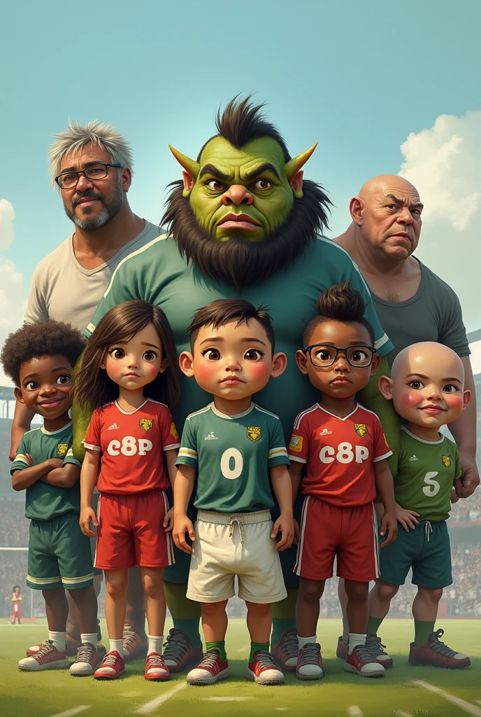 a football team made up of a war orc , a girl with glasses and a sad face , a bald dark-skinned man , a big-nosed boy , a child with a sugar cube head , a fat, gray-haired coach in diapers , a girl with very big cheeks , an Asian boy with spiky hair , a short, dark-skinned man and an old war orc with glasses.