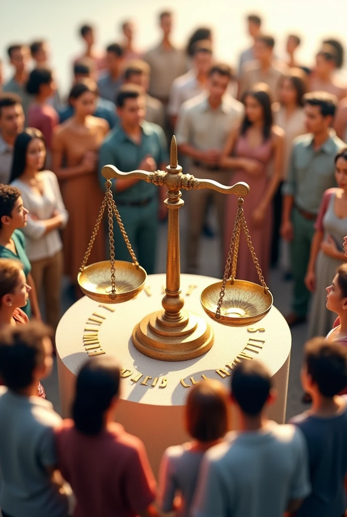 A balanced scale could be represented with human rights written on one side and social justice on the other., with people from different cultures, ages and genders around the scale in an act of union.