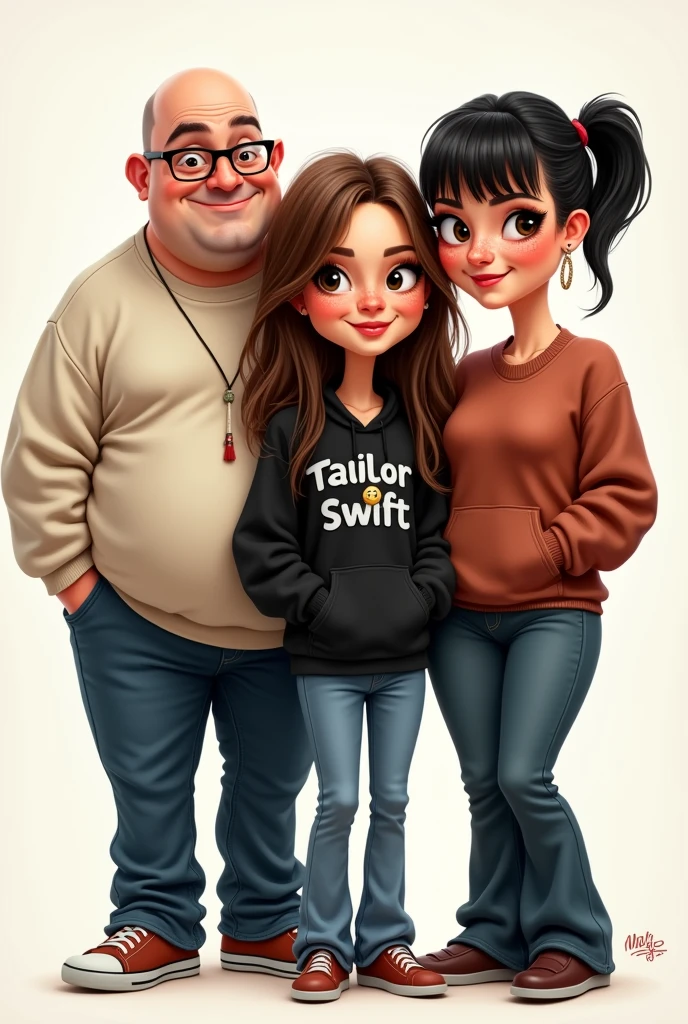 Draw three people as a caricature, The first is Samuel, a 23 year old man, stomach 1.80 meters, He is moderately fat and has very short hair., almost bald, He wears square glasses and always wears big sweatshirts. The second is Magda, una mujer de 21 años stomach 1.57 meters, She has long brown hair and bangs and always wears a black Taylor Swift sweatshirt and the latest is Majo, A 22 year old woman, stomach 1.70, He has a black haircut and a mullet cut, She also has freckles and wears flared pants..