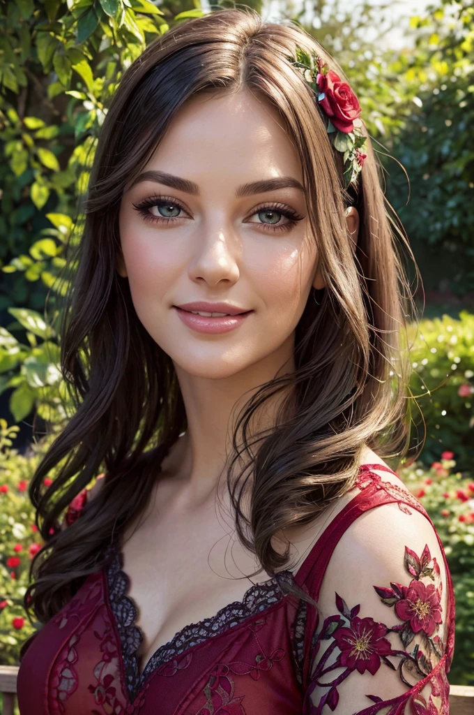 a gorgeous woman, wearing a floral Dark green and red lace outfit, portrait view, smiling, garden background, detailed face, beautiful eyes, detailed lips, long eyelashes, photorealistic, hyper detailed, 8k, high quality, oil painting, lush garden, vibrant colors, natural lighting, soft focus, masterpiece