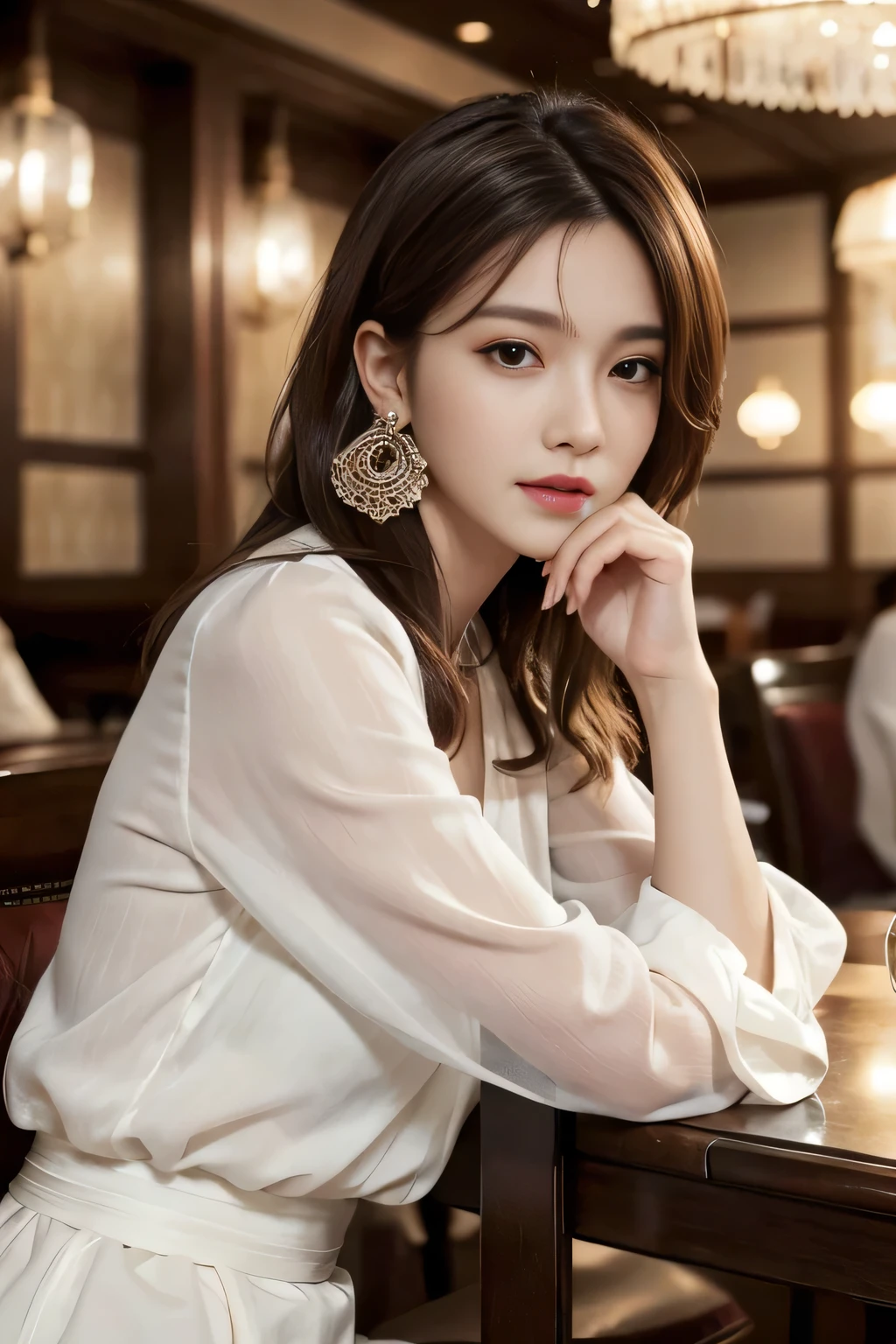 masterpiece, Highest quality, Realistic, Very detailed, Finer details, High resolution, 8k wallpaper, One beautiful woman, Wear an elegant see-through blouse, In a great restaurant, At night, Light brown messy hair, Perfect dynamic composition, Beautiful and beautiful eyes、Big earrings、Sitting in a chair、