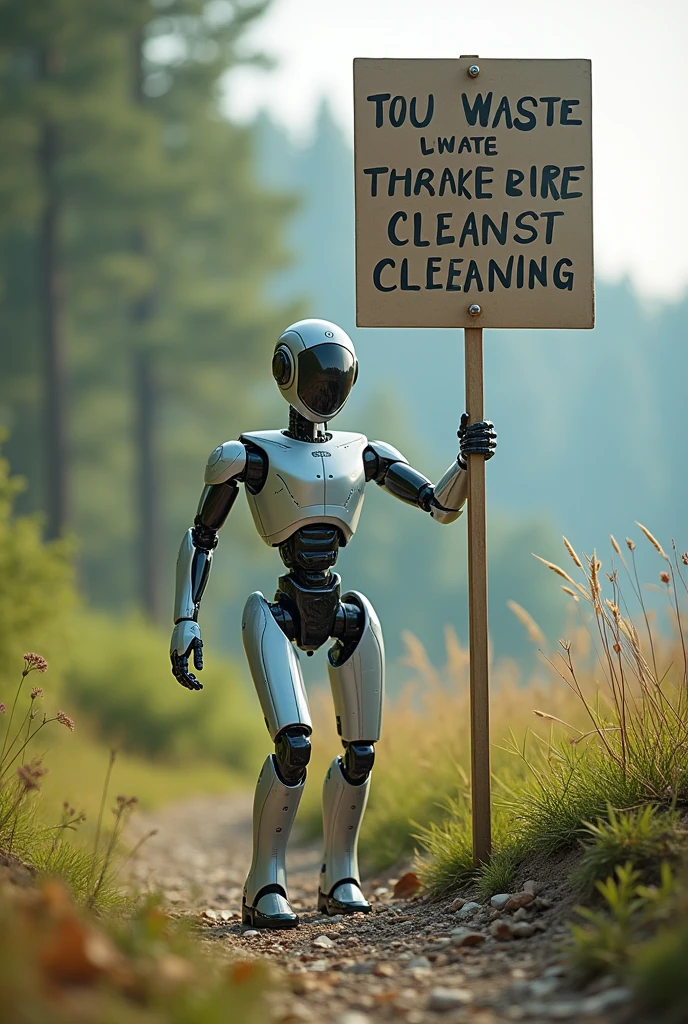 I want a robot that is cleaning the environment and has a sign that says Don't throw shit
