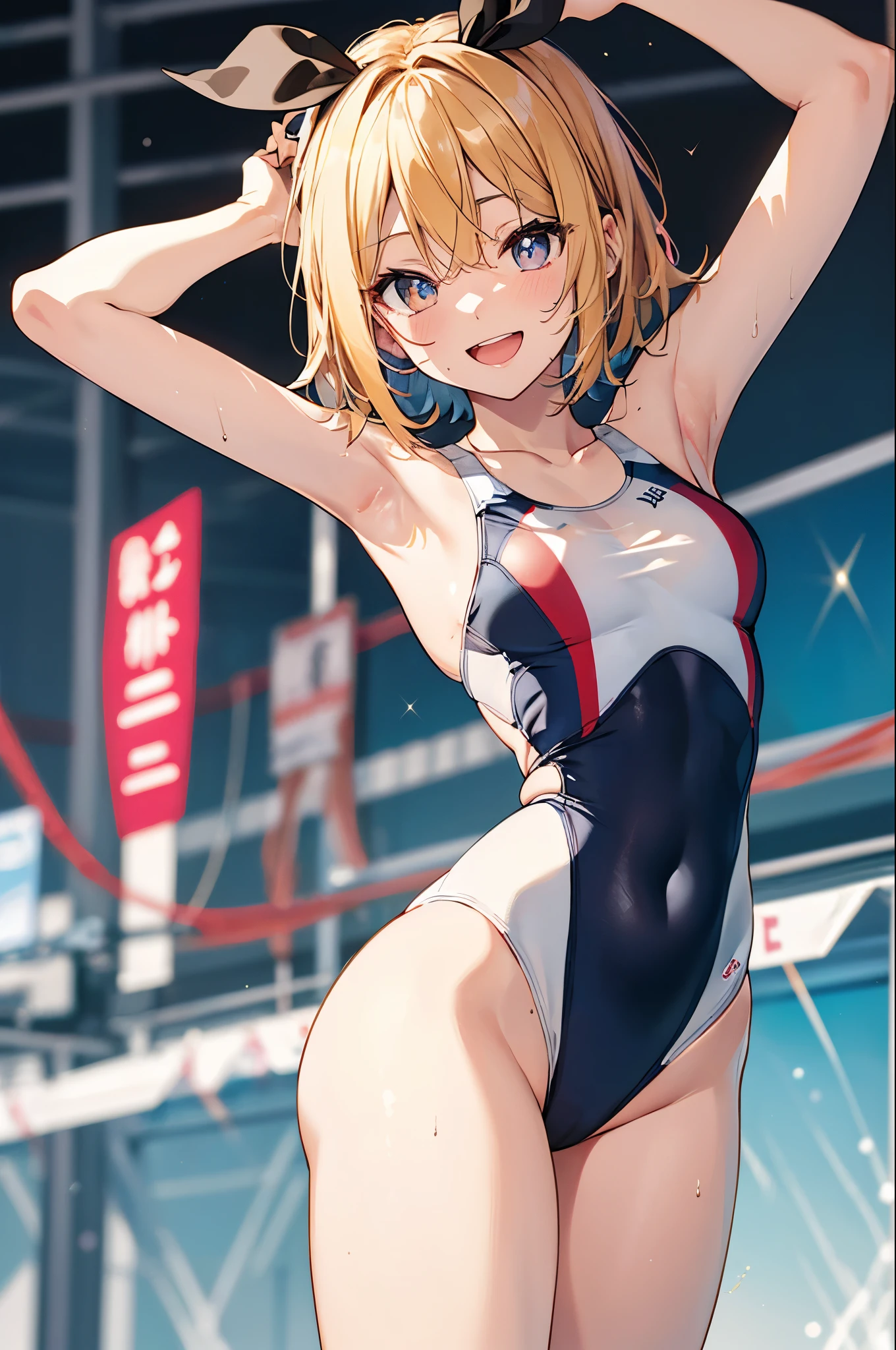 Vocaloid,Kagamine Rin, short hair,yellow hair, number tattoo,(see through white competition swimsuit,see through:1.5),(chibi:1.2),navel,thighs, Sweating,smile,open mouth,jumping, masterpiece,Noise Reduction,perfect anatomy,high resolution, ultra-detailed, ultra-detailed face,game cg,dutch angle ,beautiful detailed eyes,visualart,five fingers, perfect hands, perfect lighting, sparkling pupils,