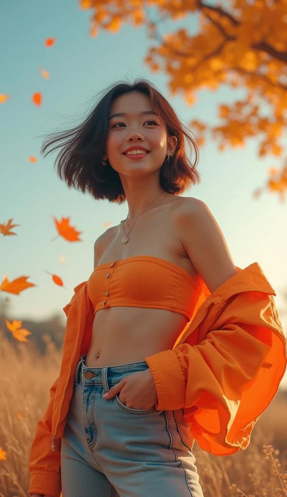 She looks happy to see this、Casual clothing、Under the Autumn Sky、The pieces fly, Highest quality, figure, Very detailed, The finer details, High resolution, 8K TV Wallpaper, Perfect dynamic composition, Beautiful attention to detail, Women&#39;s Fashion Summer,Bob Hair,Center of chest, Natural color lip, Bold sexy pose,A shy smile,Harajuku Style、20-year-old girl、Cute type、sexy shot looking at camera