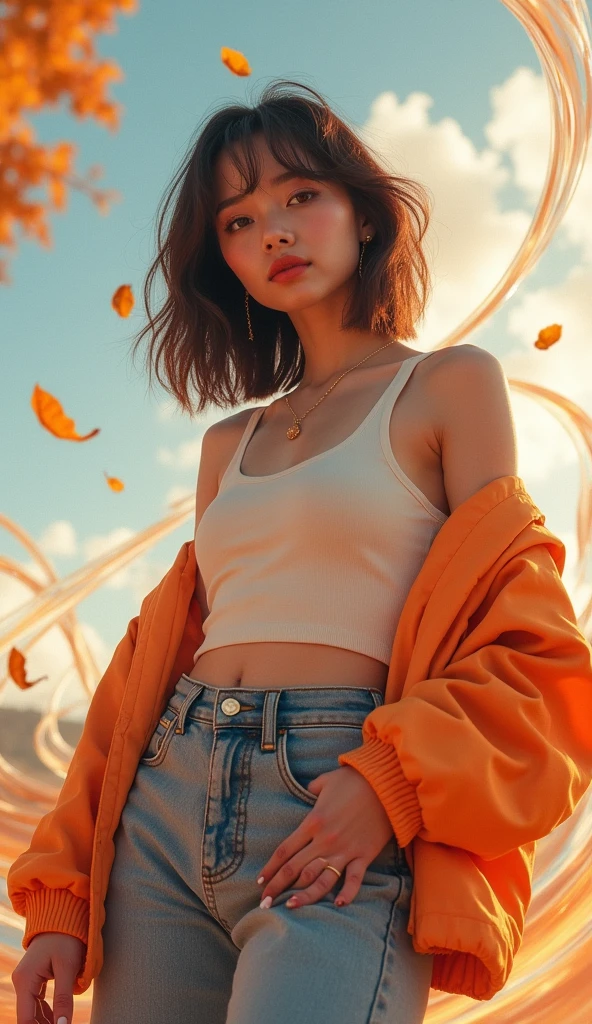 She looks happy to see this、Casual clothing、Under the Autumn Sky、The pieces fly, Highest quality, figure, Very detailed, The finer details, High resolution, 8K TV Wallpaper, Perfect dynamic composition, Beautiful attention to detail, Women's Fashion Summer,Bob Hair,Center of chest, Natural color lip, Bold sexy pose,A shy smile,Harajuku Style、20-year-old girl、Cute type、sexy shot looking at camera