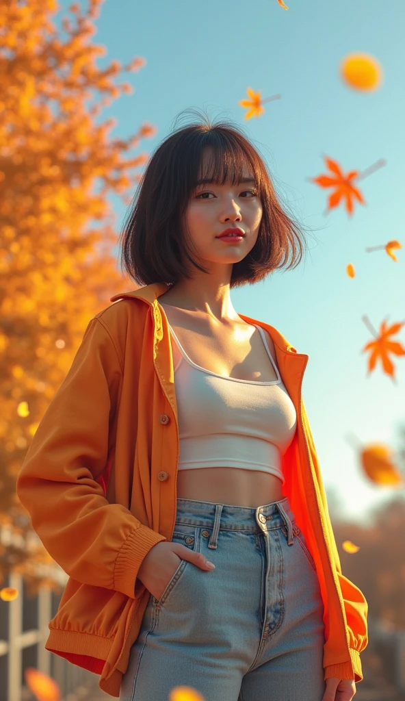 She looks happy to see this、Casual clothing、Under the Autumn Sky、The pieces fly, Highest quality, figure, Very detailed, The finer details, High resolution, 8K TV Wallpaper, Perfect dynamic composition, Beautiful attention to detail, Women's Fashion Summer,Bob Hair,Center of chest, Natural color lip, Bold sexy pose,A shy smile,Harajuku Style、20-year-old girl、Cute type、sexy shot looking at camera