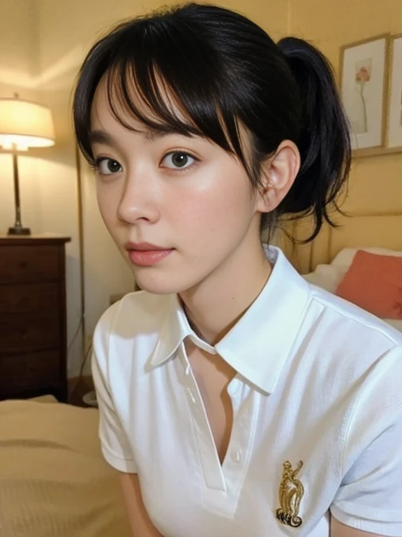 (Masterpiece, Best quality:1.3), (Ultra realistic:1.2), Natural light, 28 years old actress, Japanese women, Neat and clean, (White tennis uniform, White short-sleeve polo shirt with darknavy line collar:1.1), (unbutton:1.3), (White pleated skirt:1.1), white sock, (ponytail:1.3), Short wavy hair, (Beautiful face), Oval face, clear, Beautiful eyes, Kind eyes, Clear skin, Small face, Beautiful mouth, Small mouth, Natural makeup, Approachable, (nsfw:1.1), Seductive, (Seductive pose:1.2), (Beautiful thighs:1.1), (Bedroom eyes:1.1), Embarrassed, Blush, Luxury hotel Suite room, On bed, Hidden camera installed in suite room captures obscene reality of girls high school, couple , girls petting together, grabbing crotch together, girls erotic arms behind back), shibari, Bedrs,