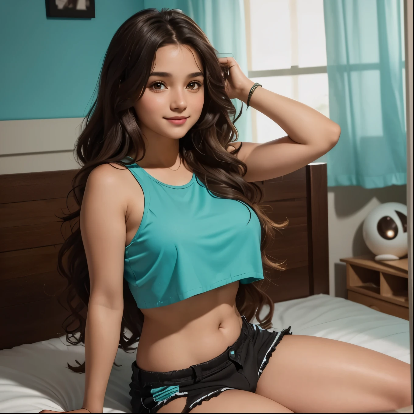 A very pretty girl with long wavy brown hair, is very young, early twenties, kinda short, brown eyes, wearing a turquoise crop top and black shorts, sitting in a very comfy and decorated bed, looks very happy, is a bit chubby, playing with her hair, girl named Chloe