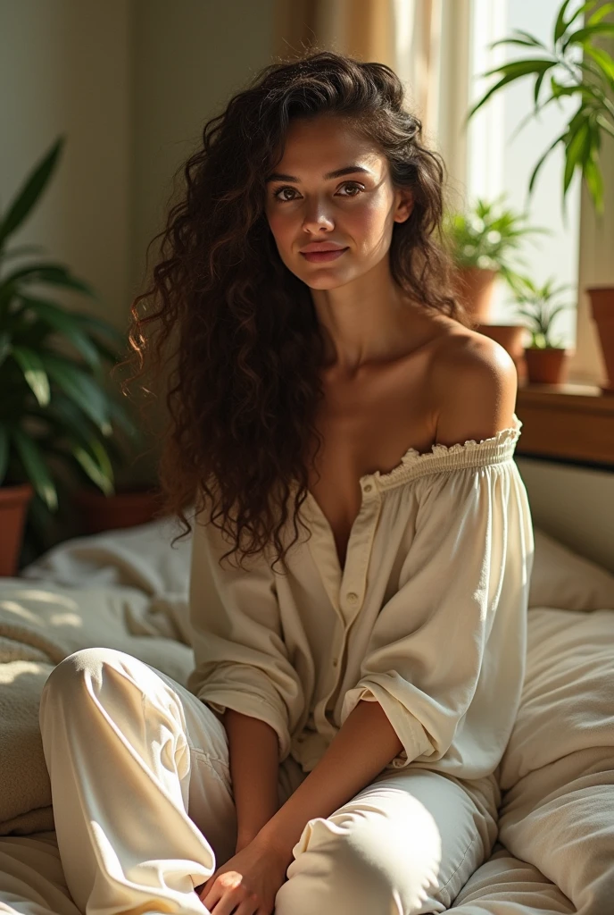 (photorealism:1.2), beautiful woman, sitting on bed, wearing loose off-shoulder top, pajama pants, long curly hair, indoors, soft lighting, plants in background, window with sunlight, cozy room, relaxed pose, realistic, intricate details, warm colors, by Greg Rutkowski, by Alphonse Mucha