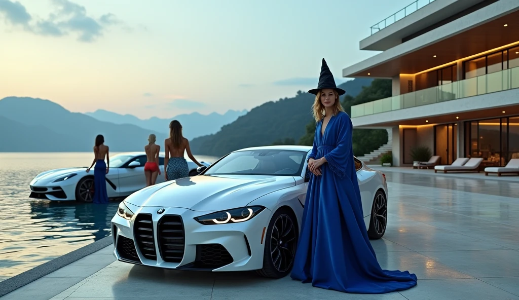 CREATE AN ULTRAREALISTIC IMAGE showing a young wizard IN A WIZARD'S DRESS WITHOUT HAT next to a yacht with luxurious sports cars, with women leaning against cars on all fours, BEAUTIFUL PARKED NEXT TO DOLLARS NEXT TO, convey depth, IN THE BACKGROUND A BEAUTIFUL MANSION with modern architecture, WITH 2 HOT ELEGANT WOMEN NEXT TO A PEARL WHITE BMW AND A HANDSOME YOUNG WIZARD IN BLUE CLOTHES AND FULL OF JEWELS, PERFECT WIZARD HANDS WITH 5 FINGERS. Emphasize richness and sensuality, show a lake next to it with yacht