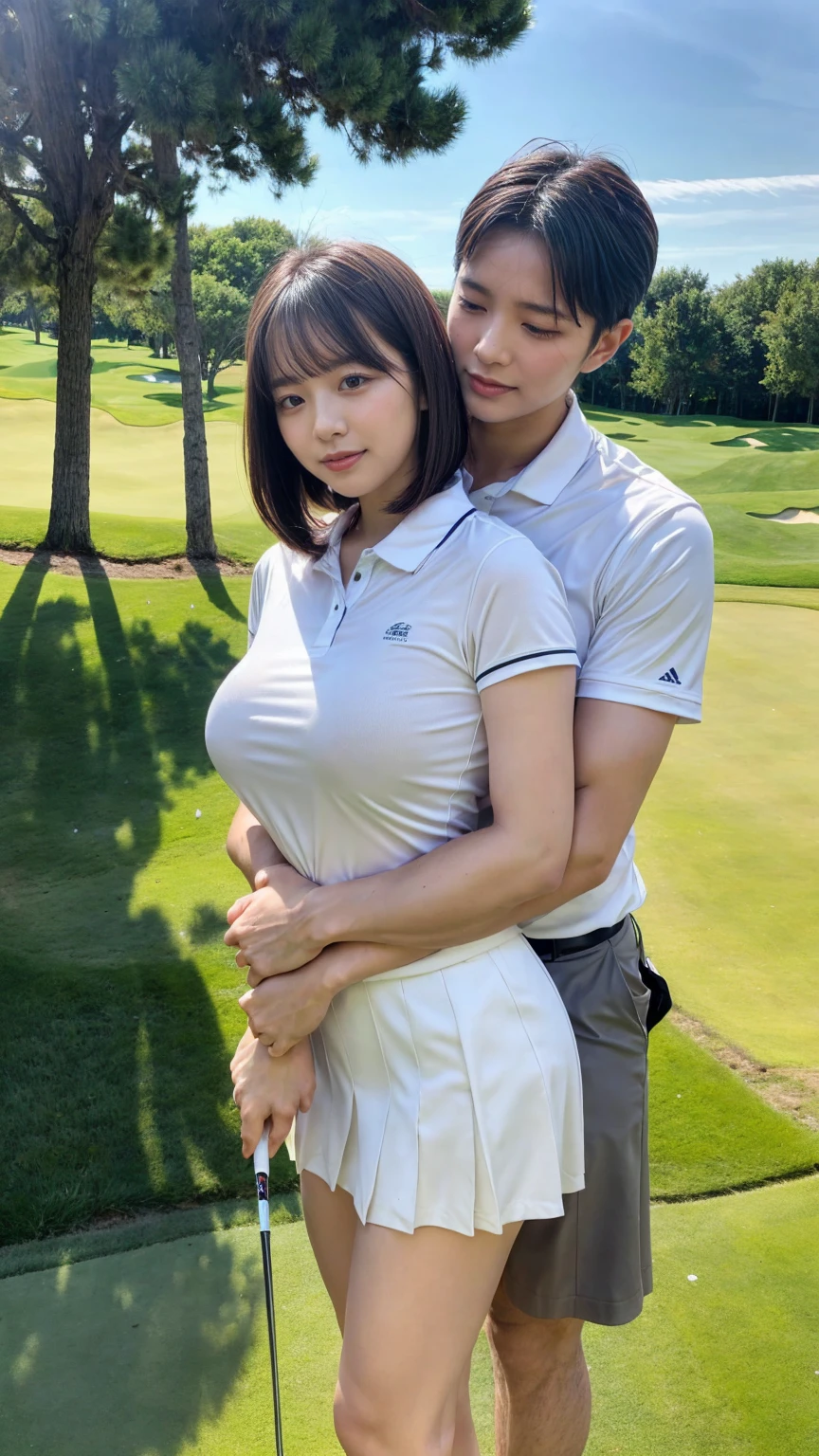 1 young office lady being hugged from back by 1 man:1.2,close to each other:1.1), (man's hand touching her breast:1.1),very cute face,bob cut,white skin-tight golf uniform,embarrassed,golf course,perfect anatomy, masterpiece, best quality,8k,perfect face,from front,upper body