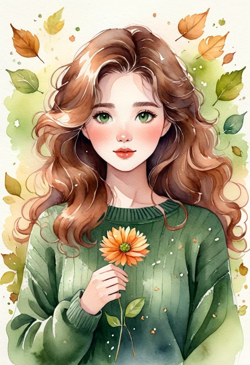 Watercolor drawing of a woman holding a flower, with wavy hair and wearing a green sweater.   Her face has an adorable floral motif, in a cute cartoon style.   The atmosphere is peaceful, with exteriors like falling leaves.   Ultra-realistic digital art with touches of fantasy, highlighting charm and beauty.