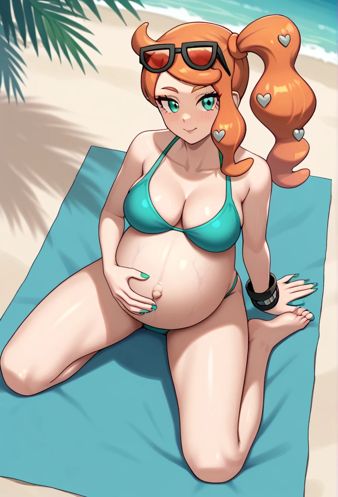 score_9, score_7_up BREAK solo,EPpkSonia,orange hair, side ponytail, aqua eyes, long hair, eyewear on head, sunglasses, heart hair ornament, aqua bikini, pregnant, big belly, Belly button piercing, cleavage, bracelet, collarbone, panties, nail polish, aqua nails, aqua toenails, beach, belly rub