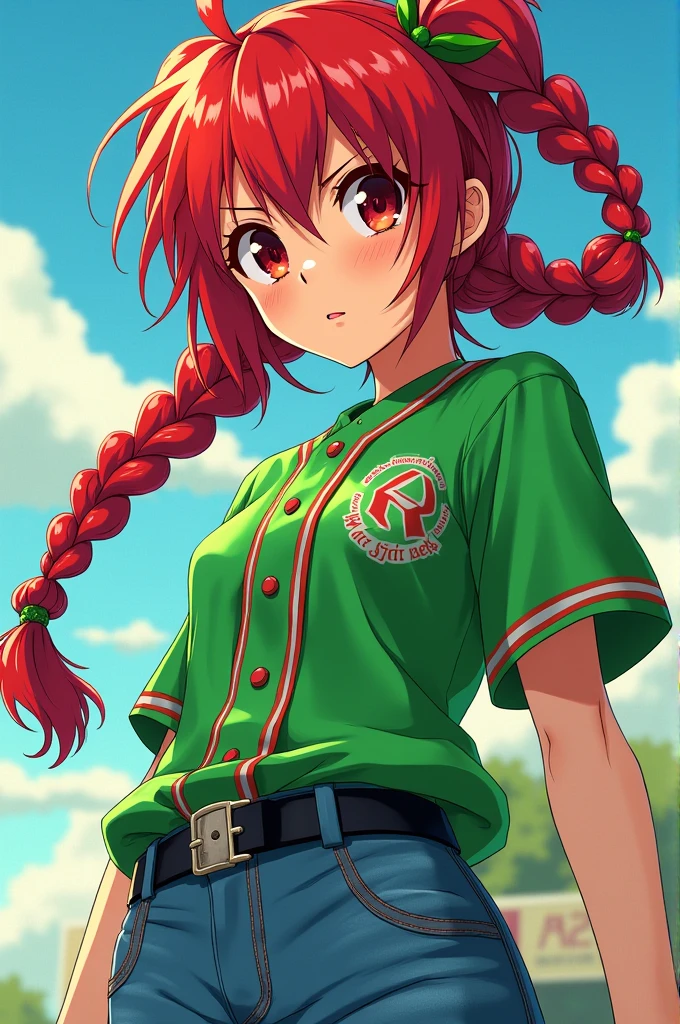 Red hair with braids,bright green baseball shirt,strong denim pants,anime