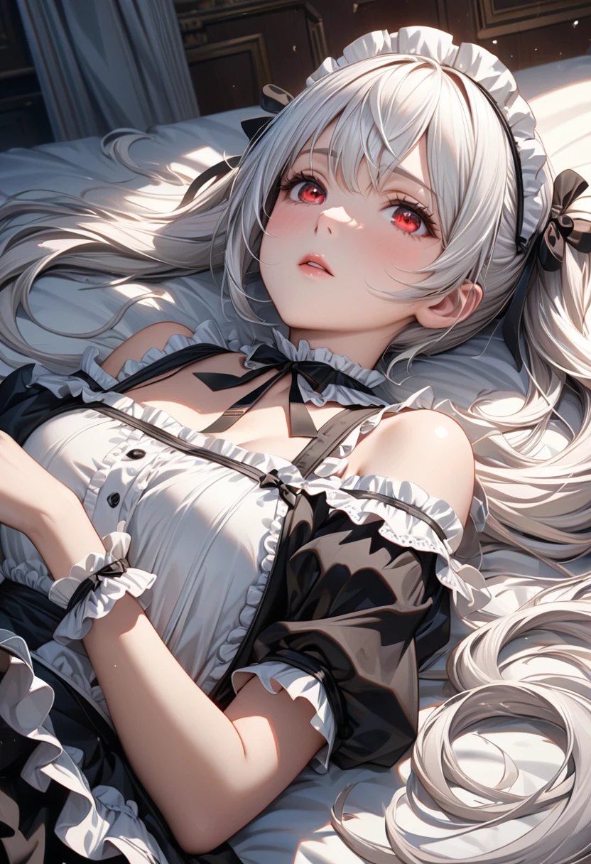 One girl, White hair,twin tail,long hair,maid's outfit,cold shoulder,red eyes,lying on back,(((masterpiece))), (((best quality))), ((ultra-detailed)), (illustration), (detailed light),((an extremely delicate and beautiful)),(beautiful detailed eyes),realistic anime art style,